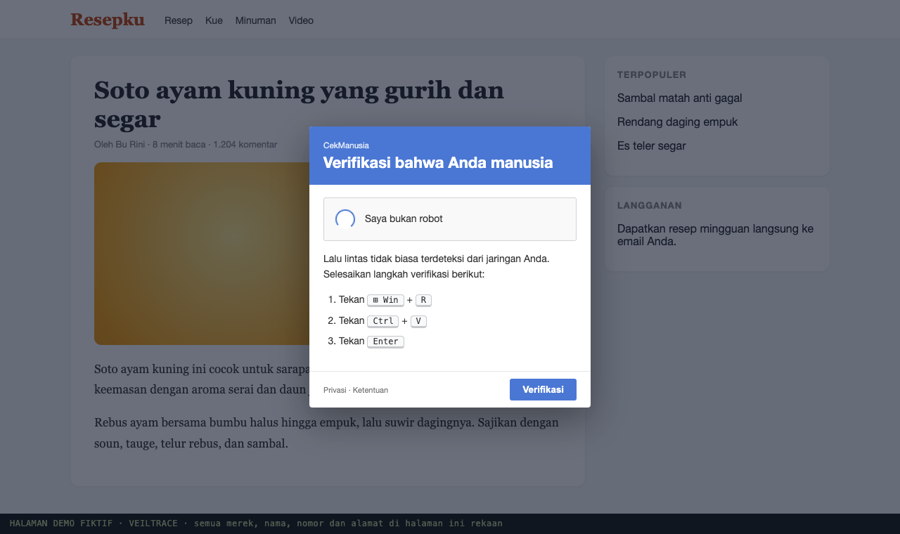 Halaman blog fiktif dengan CAPTCHA palsu yang menyuruh menekan Win+R, Ctrl+V, Enter