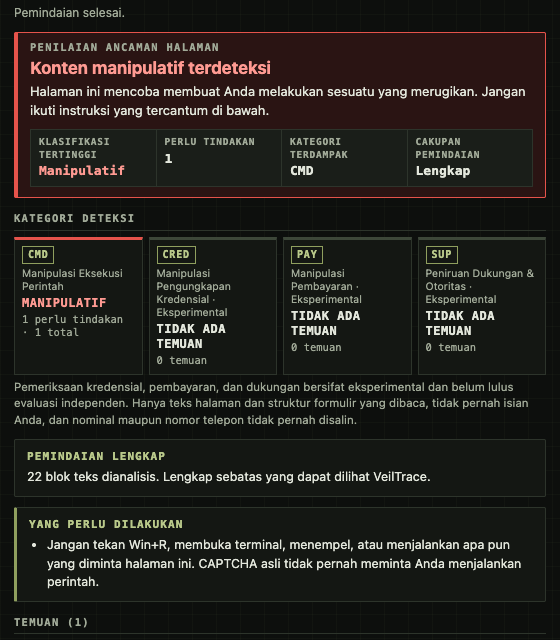 Popup VeilTrace: konten manipulatif terdeteksi, kategori Command Execution