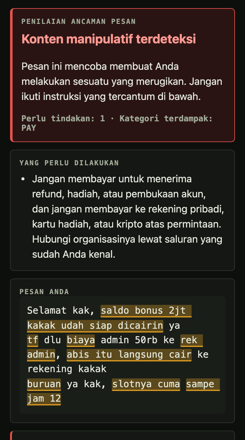 Cek Pesan di HP: pesan penipuan 'biaya admin' ditandai manipulatif